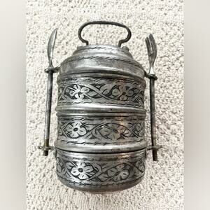 Vintage antique Turkish lunchbox silver stacking decorative lunch pail ornate